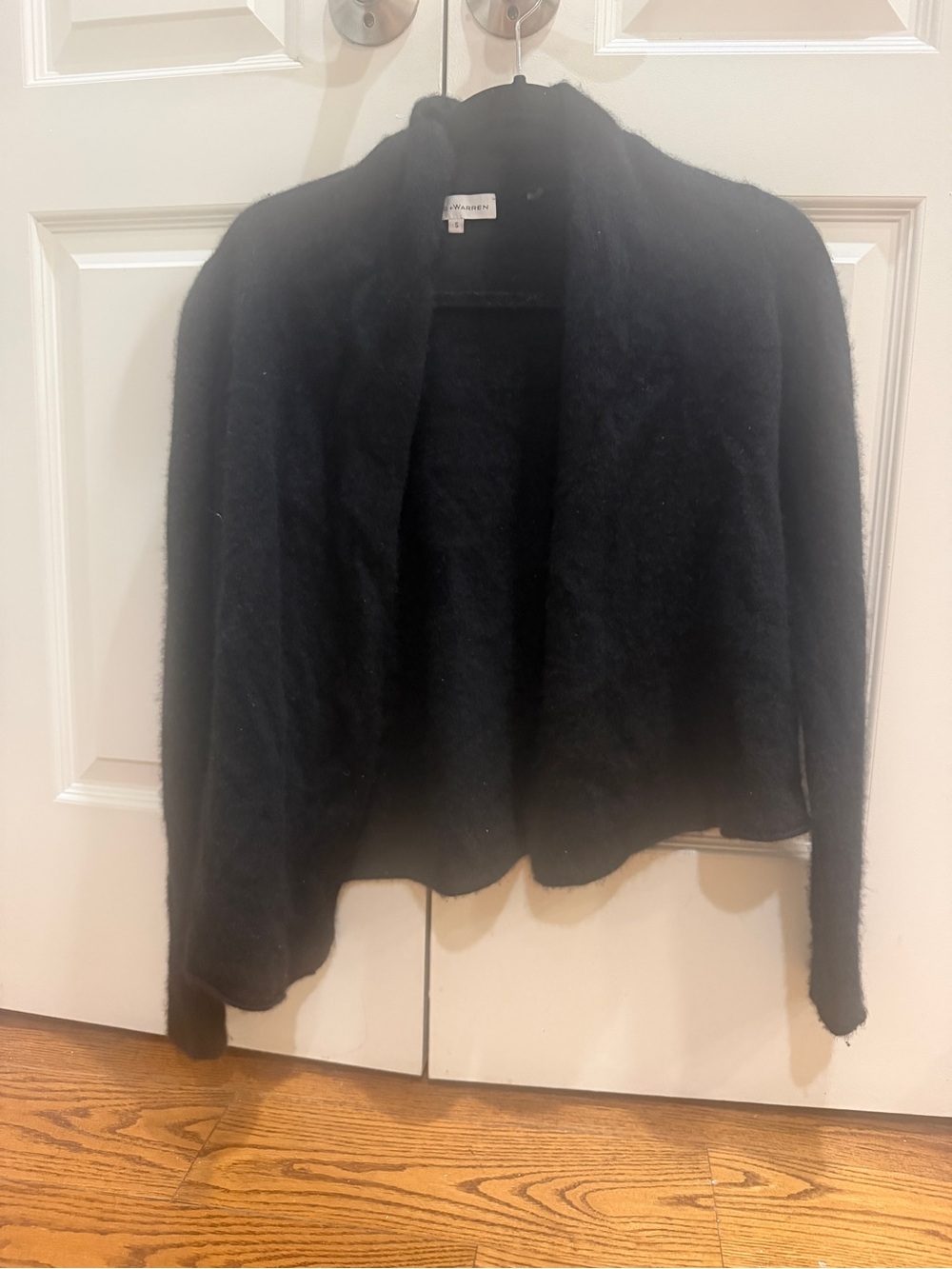 White and Warren Cashmere Black Open-Front Fuzzy Cardigan Sz S